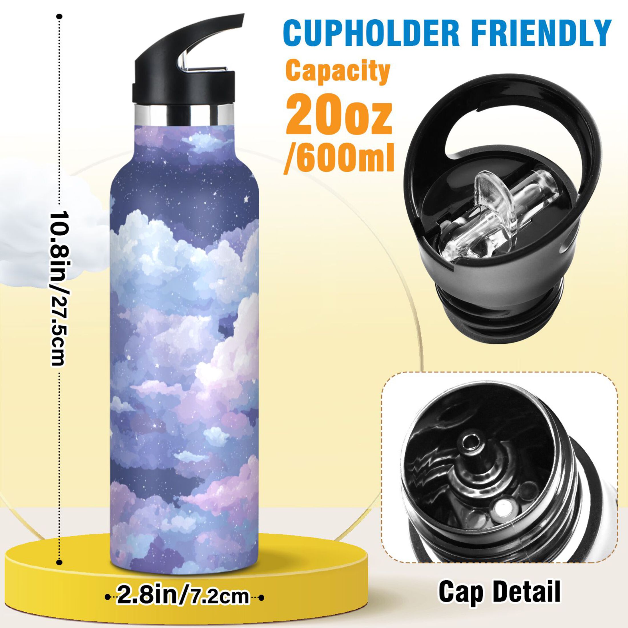 600ML Stainless Steel Insulated Cup Sports Water Bottle Portable Thermos Cup Water Glasses Insulated Tumblers Convenient and Durable Purple Sky