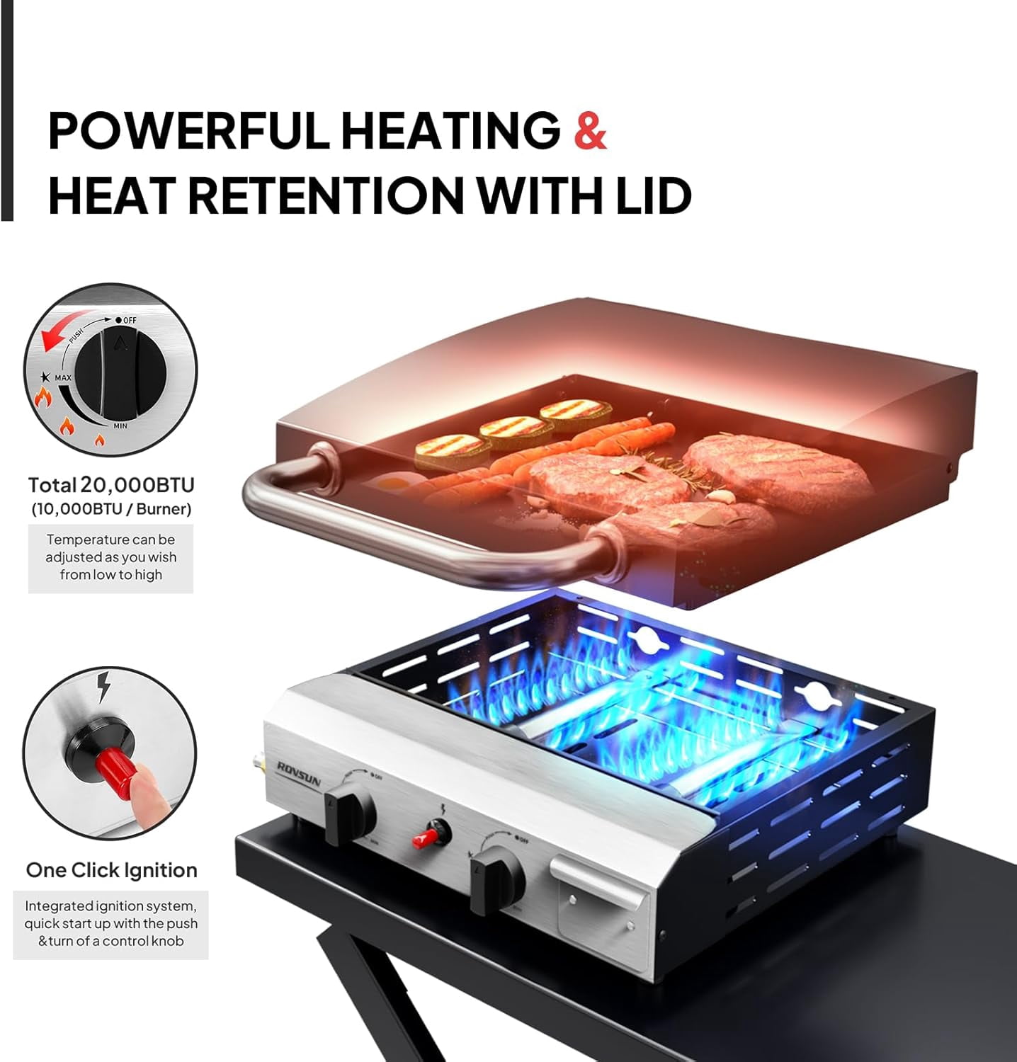 TUFFIOM 2 Burner Foldable Propane Griddle with Wheels, Enameled Tray & Lid, Portable Rolling Flat Top Gas Grill with Electronic Ignition & Regulator for Outdoor Cooking Camping BBQ Tailgating