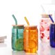 thumbnail image 2 of Vaso de vidrio de colores con pajita, recipiente con tapa de bambú, color ámbar, verde azulado, azul, cerveza, tazas, latas, 520 ml, 380 ml, 2 of 5