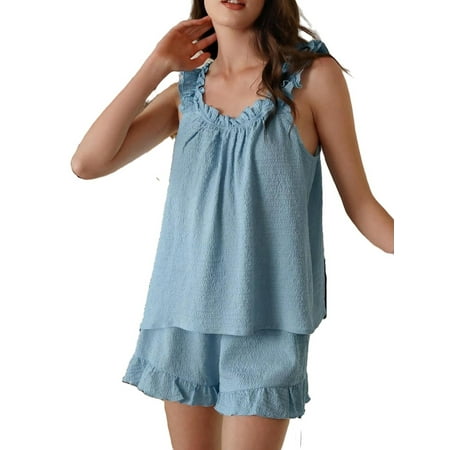 

Cute Solid Straps Short Sets Sleeveless Baby Blue Womens Pajama Sets (Women s)