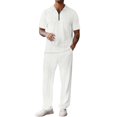 thumbnail image 4 of Ceisia Men Textured Half Zip Polo Short Sleeve Shirt & Elastic Waist Straight Pants Casual Two Piece Outfit White XXL Gift, 4 of 9