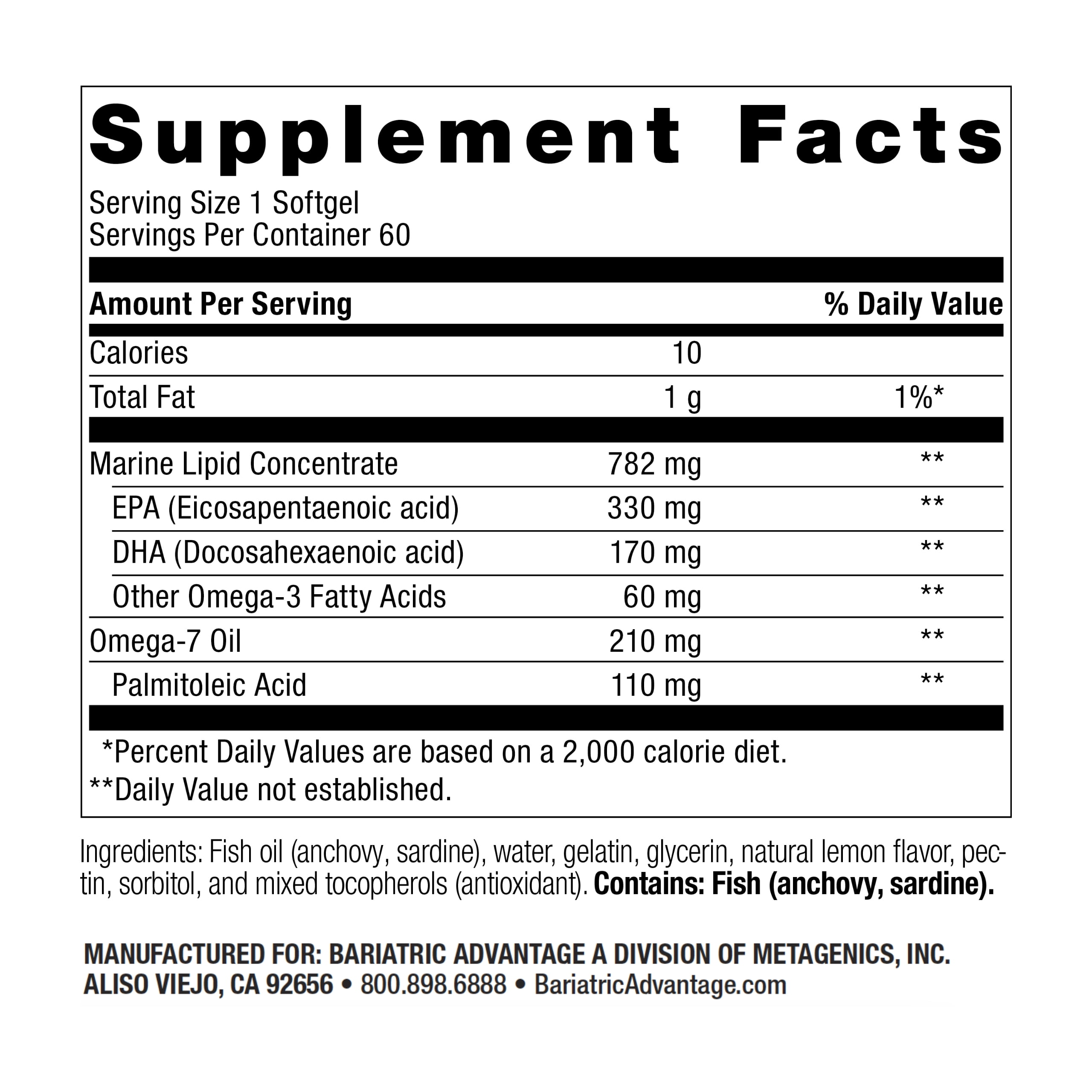 Bariatric Advantage OmegaVanta 10, Omega 3 and Omega 7 Combination EPA DHA Supplement for Overall Cardiovascular Health - Natural Lemon Flavor, 60 Softgels