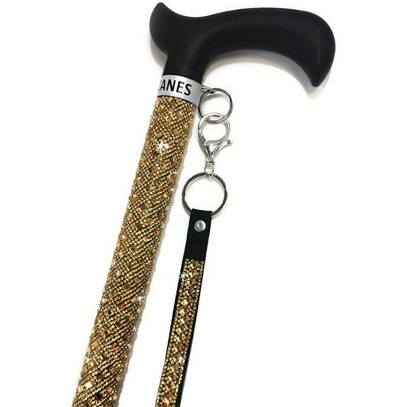 Jacqueline Kent Crystal Embellished Sugar Cane Adjustable Gold with Black Handle and Wrist Band 23.5 to 40.25 Inches