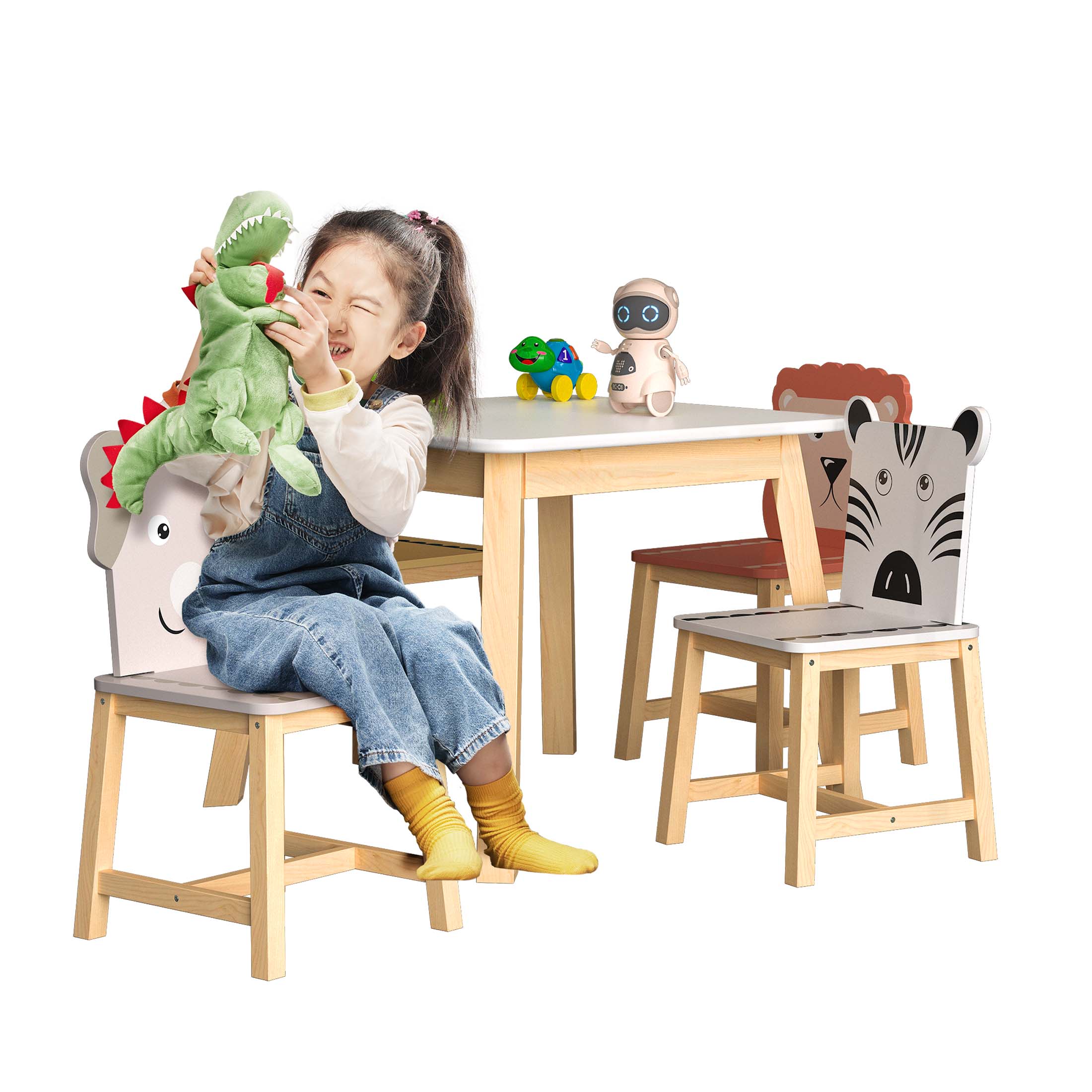 iRerts Kids Table and Chair Set, 5 Pieces Cartoon Animals Wood Kids Activity Table with 4 Chairs, Kids Play Table Set for 3-8 Year Old, Childrens Table and Chairs for Reading, Drawing, Jigsaw Puzzles