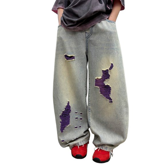 Baggy Jeans for Teen Boys Youth Wide Leg Ripped Denim Pants Kids Oversized Husk𝐲 Jeans Streetwear Patchwork Color Block Retro