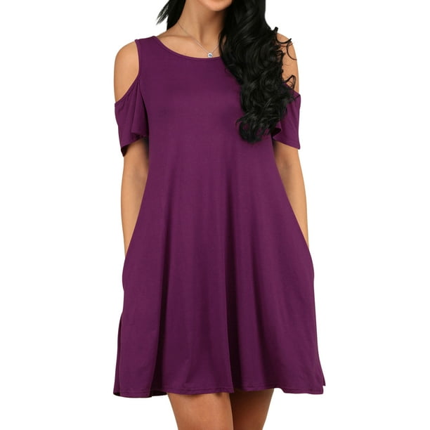 ZXSXSY Women Cold Shoulder Solid Color Party Dress with