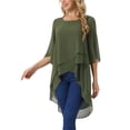 thumbnail image 4 of INSPIRAR CHIC Blusa de Chifón Asimétrica de Cuello Redondo con Mangas de 3/4 y Volantes en Verde Ejército XL, 4 of 6