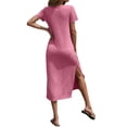 thumbnail image 5 of Summer Casual Women V-Neck Solid Color Side Slit Dress With Pocket, 5 of 5