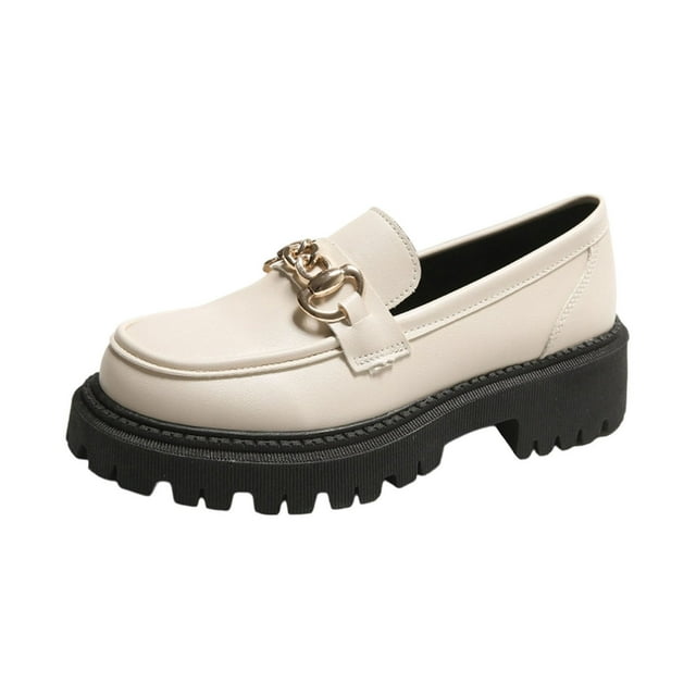 White Loafers For Womens Low Heel Round Toe Chunky Heel Thick Sole Solid Color Design Comfortable Slip On For Four Season Casual Wear Size 41