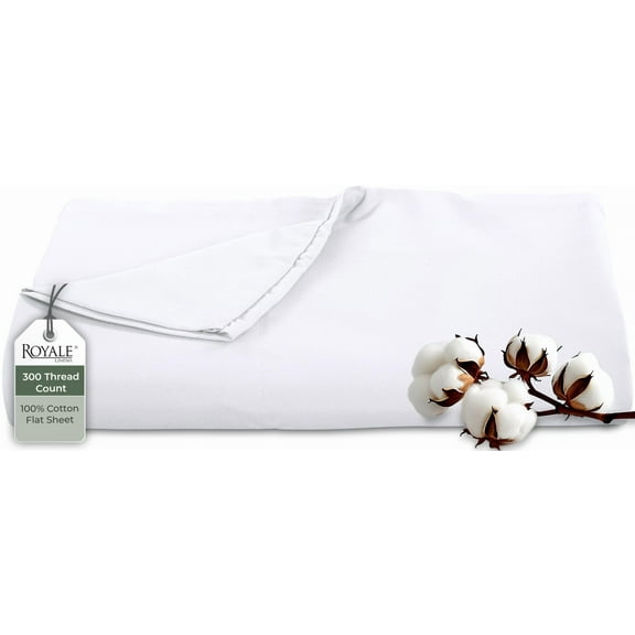 100% Cotton Queen Flat Sheet 300 Thread Count, Percale Weave for Crisp Cool Feel, Luxury Hotel Style Bedding, White