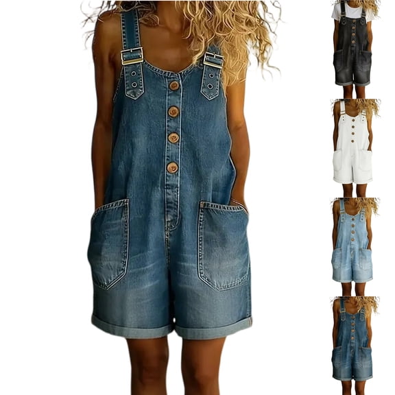 High-Waist Denim Overall Shorts for Women, Sleeveless Button-Front Romper with Adjustable Straps & Large Pockets - Vintage Washed Jean Jumpsuit Black L