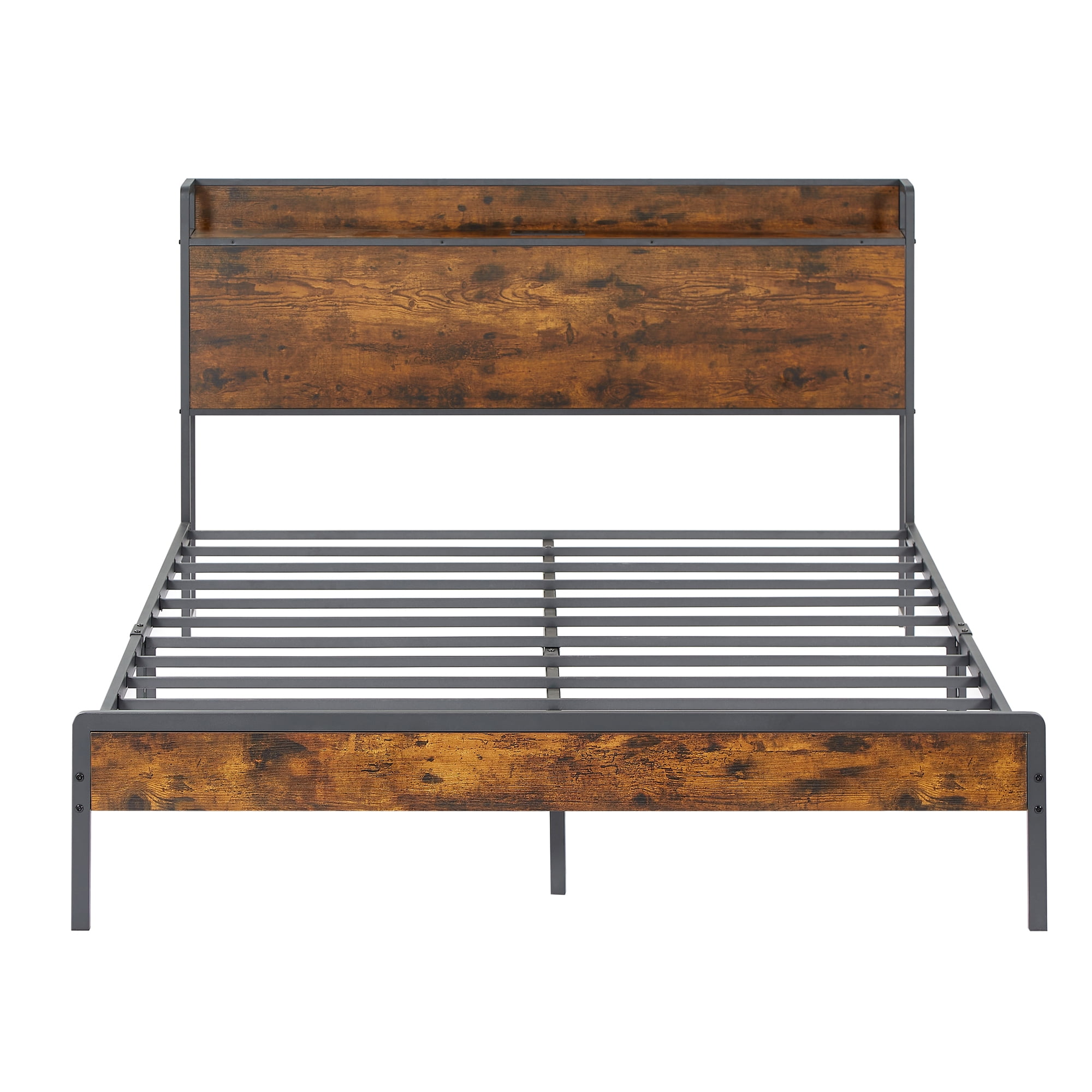 Gewnee Metal Full Size Bed Frame with Wooden Storage Headboard Shelf and Charging Ports,Rustic Brown