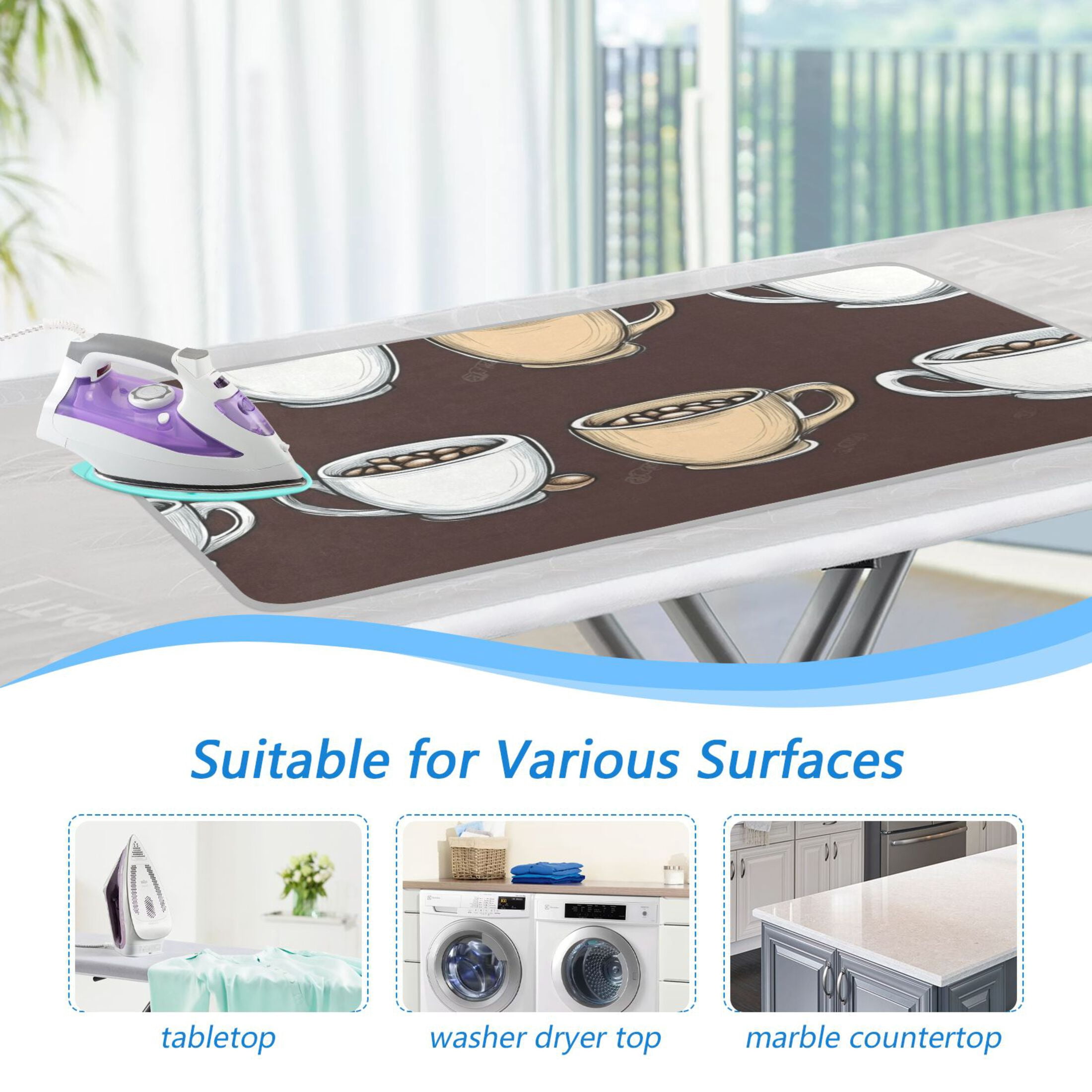 Cartoon Coffee Ironing Mat Blanket for Table Top Travel Portable Ironing Board Pad 47.2x27.6 Inch