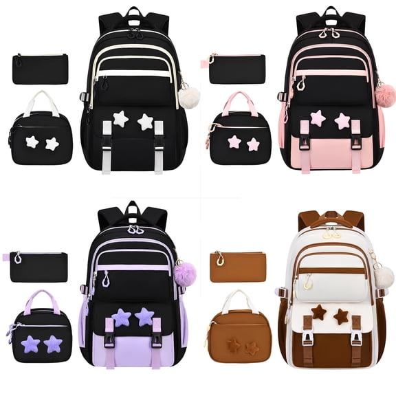 AHMOMEI 18.5 Inch Height Large Capacity Star Decor 3 Pieces Backpack Set, Cute Bookbag with Lunch Bag & Pencil Case, lightweught Weekend Outdoor Activities