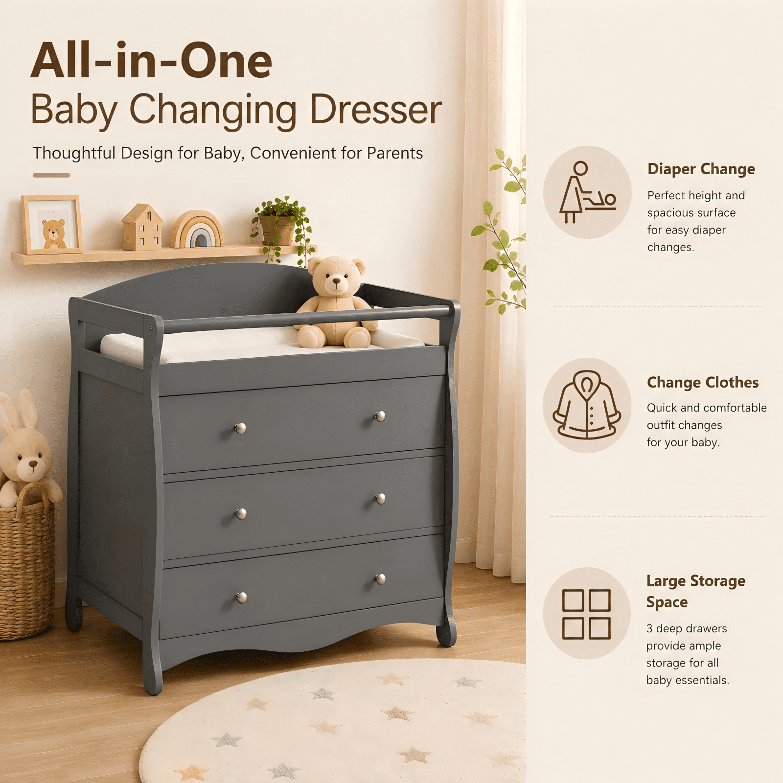 Ktaxon 3-Drawer Changing Table, Infant Diaper Changing Station with Drawers, Safety Rails & Strap, Baby Changing Table Dresser for Nursery, Easy Assembly (Gray)