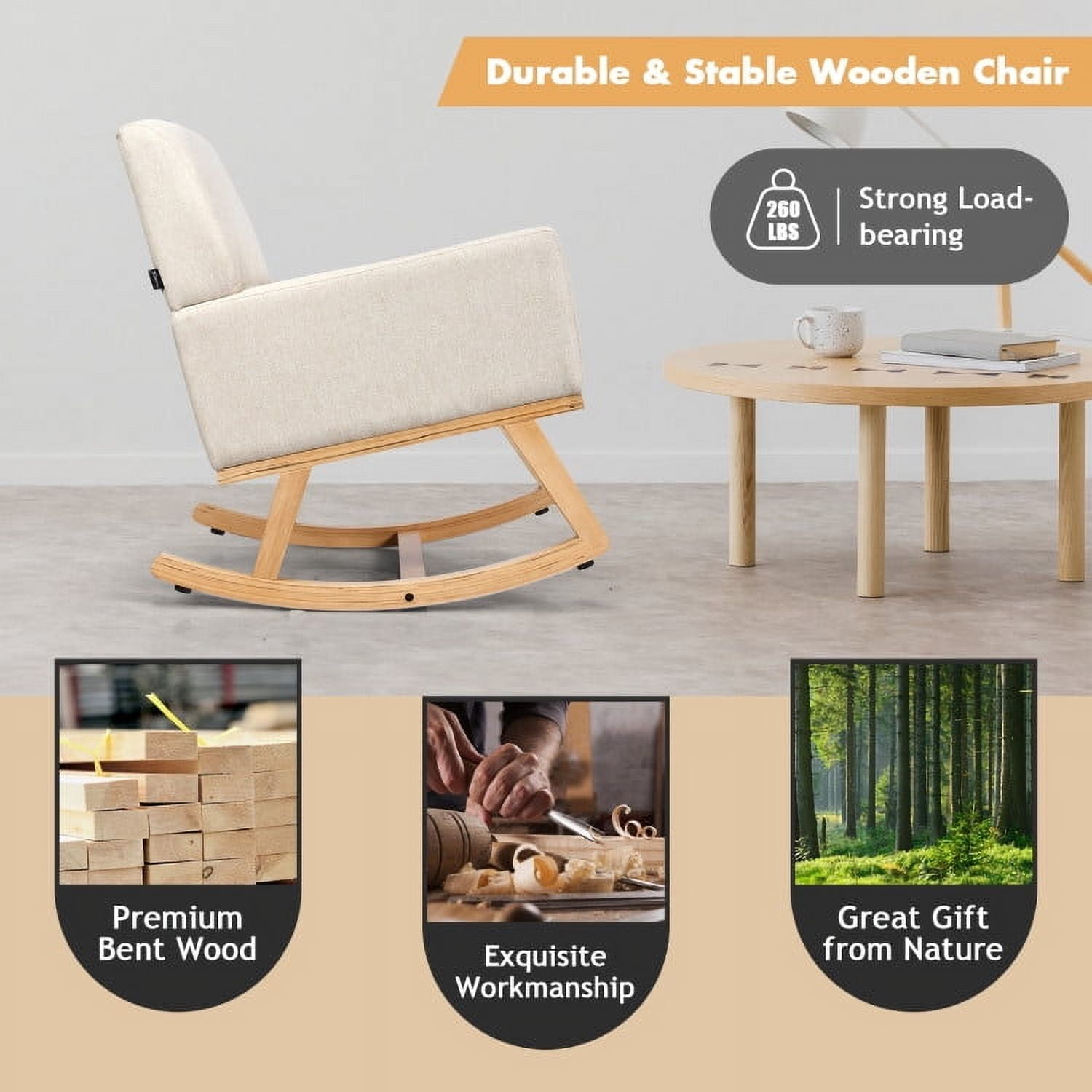 Resenkos Rocking Chair Nursery Glider, Comfy Rocker Nursery Chair, Upholstered Rocking Chair with and Solid Wood Base-Beige