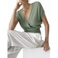 thumbnail image 3 of Gynyvoja Women'S V-Neck Wrap Front Ribbed Knit Short Sleeve Fitted Cropped Sweater Tos Gray-Green S, 3 of 7