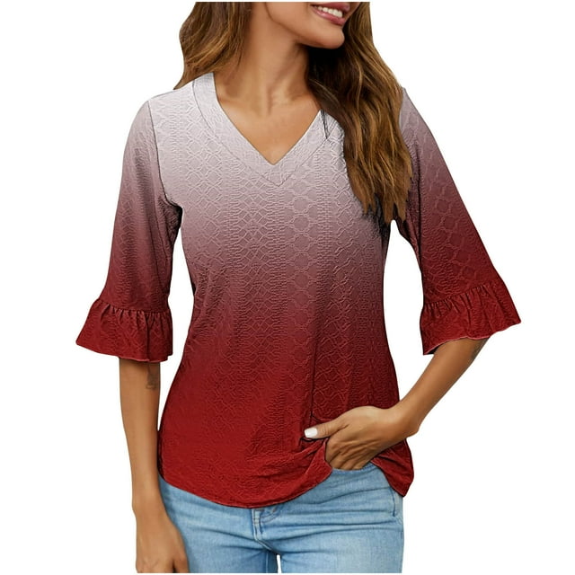UNITWRY Summer Tops For Women Half-Sleeve V-Neck Blouse T-Shirt Gradient Ruffled Sleeve Tunic Top