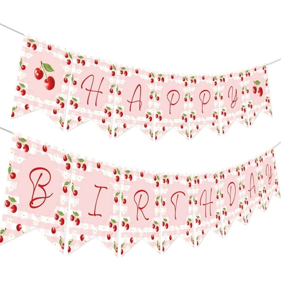 Cherry Happy Birthday Banner Sweet Cherry Birthday Party Decorations Pink Checkered Red Cherry Birthday Banner Fruit Theme Party Banner for Girls Women Birthday Party Supplies