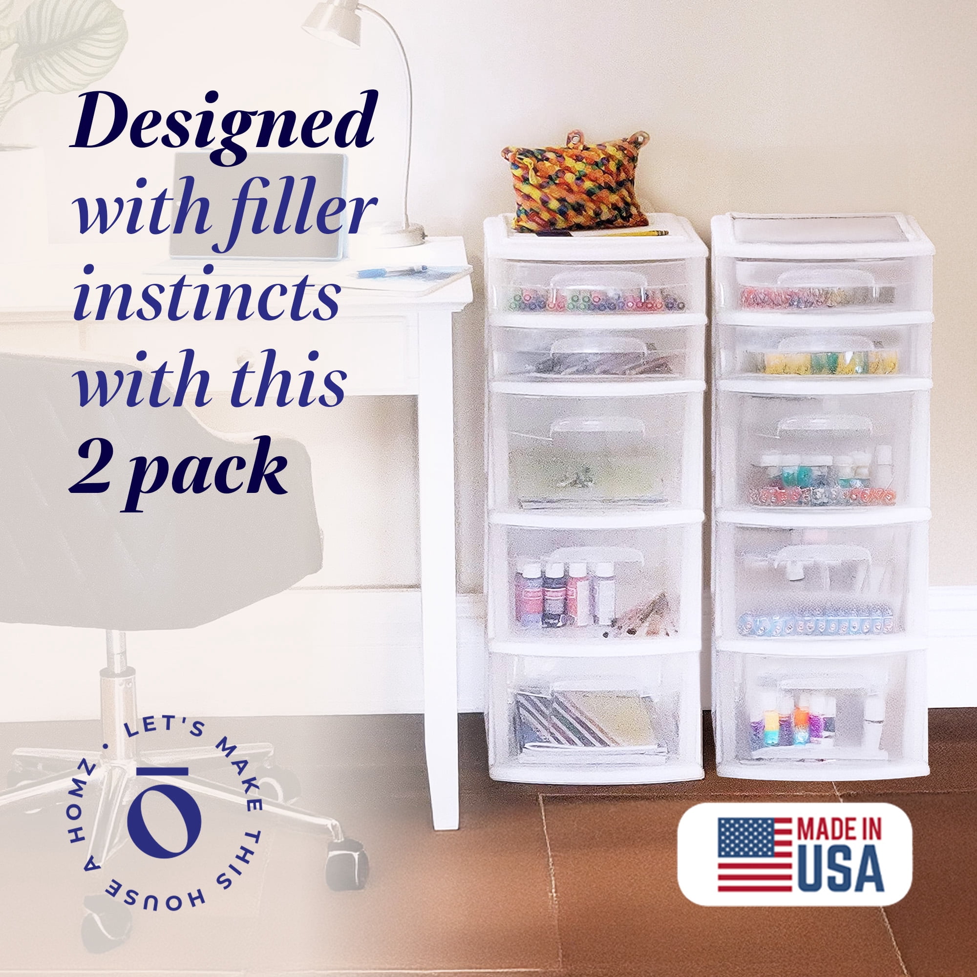 Homz Plastic 5 Drawer Home Storage Container Tower, White Frame (2 Pack)