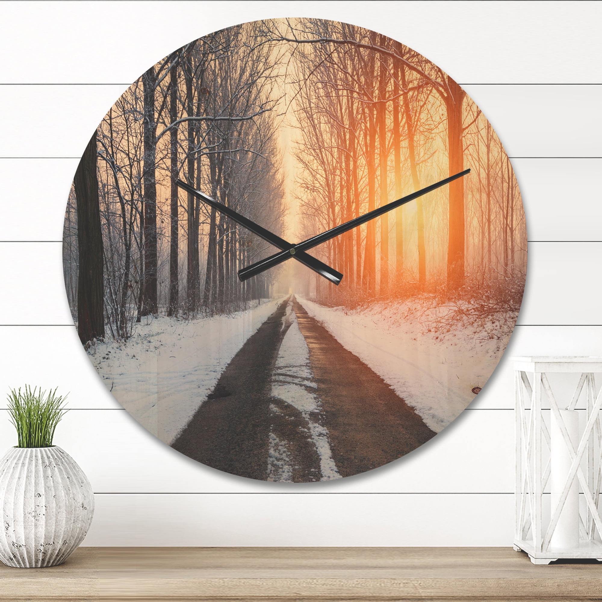 Designart 'Bright Sun Break in Winter Snow Forest ' Farmhouse Wood Wall Clock