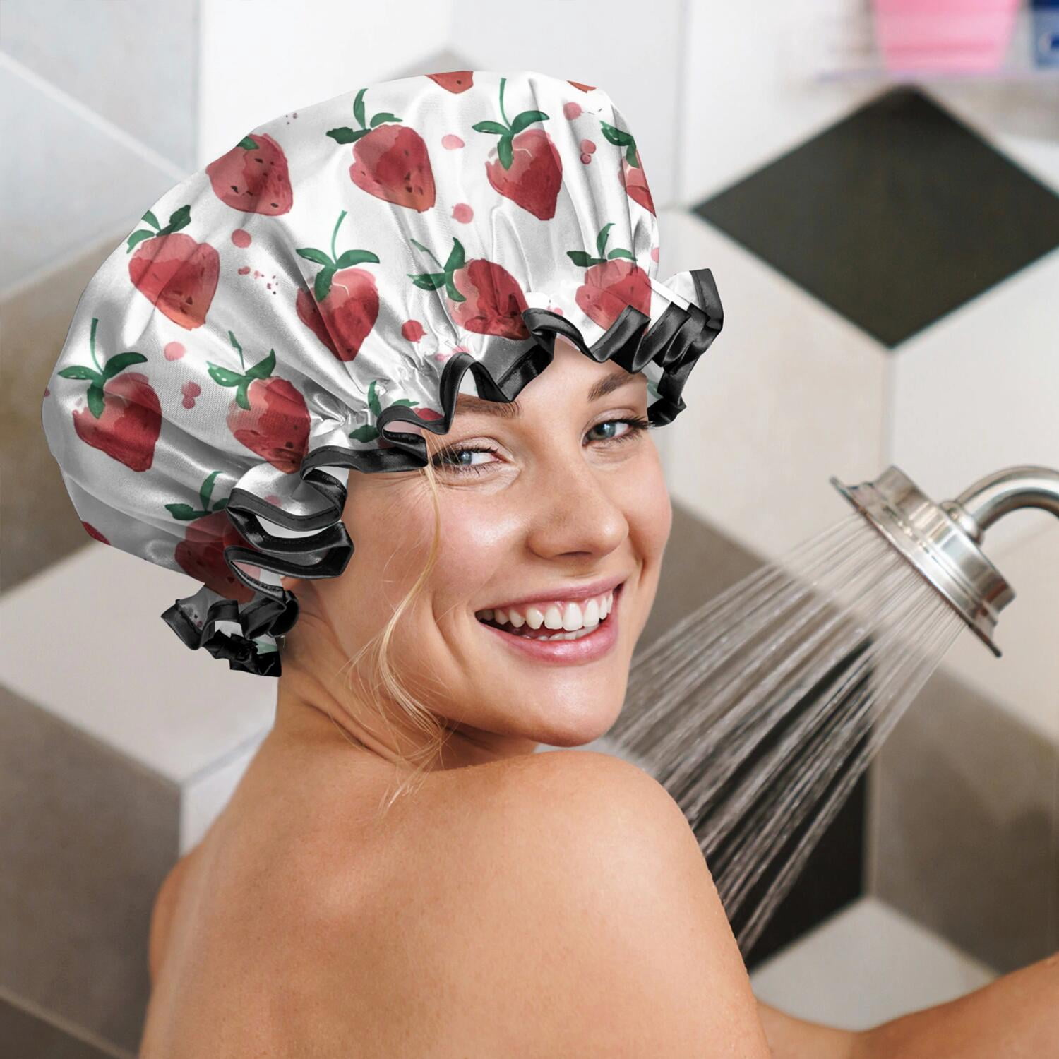 Shower Caps,Strawberry Plants Fruit Watercolor Waterproof Shower Cap for Women 4 Pieces,Double Reusable Hair Cover for Shower PEVA Elastic Stretch Hem