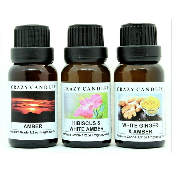 Crazy Candles 3 Bottles Set, 1 Amber, 1 Hibiscus & White Amber, 1 White Ginger & Amber 1/2 Fl Oz Each (15ml) Premium Grade Scented Fragrance Oils