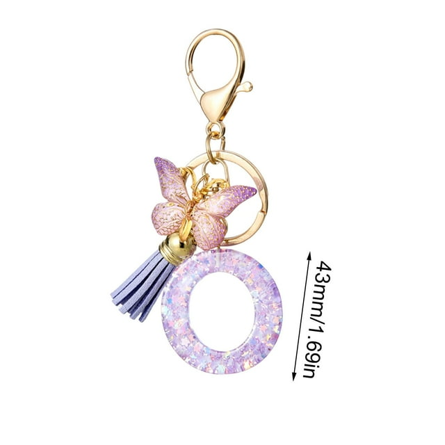 Car Key Chain with 26-Letter Resin Pendant Butterfly Design and Gradient Tassel