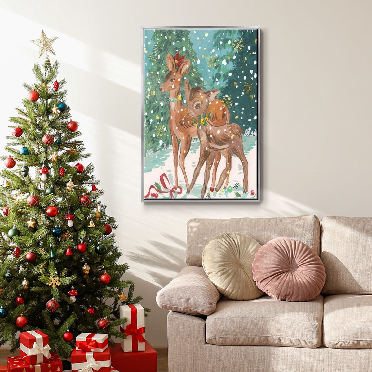 Doe and Fawn I - Framed Gallery Wrapped Holiday Canvas - 17 x 25 - Silver Frame