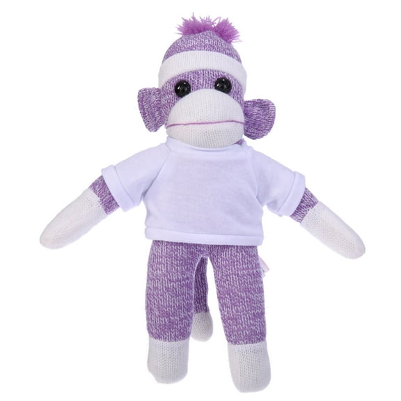 Made by Aliens 10 Inch Purple Sock Monkey with Tee Plush Stuffed Animal Personalized Gift - Custom Text on Shirt - Great Present for Mothers Day, Valentine Day, Graduation Day, Birthday (White)