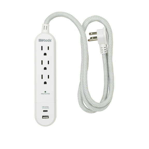 Woods 41026 3-Outlet Surge Protector with 3.9A USB-A & USB-C Charger, 250 Joules of Surge Protection and 4' Braided Fabric Cord