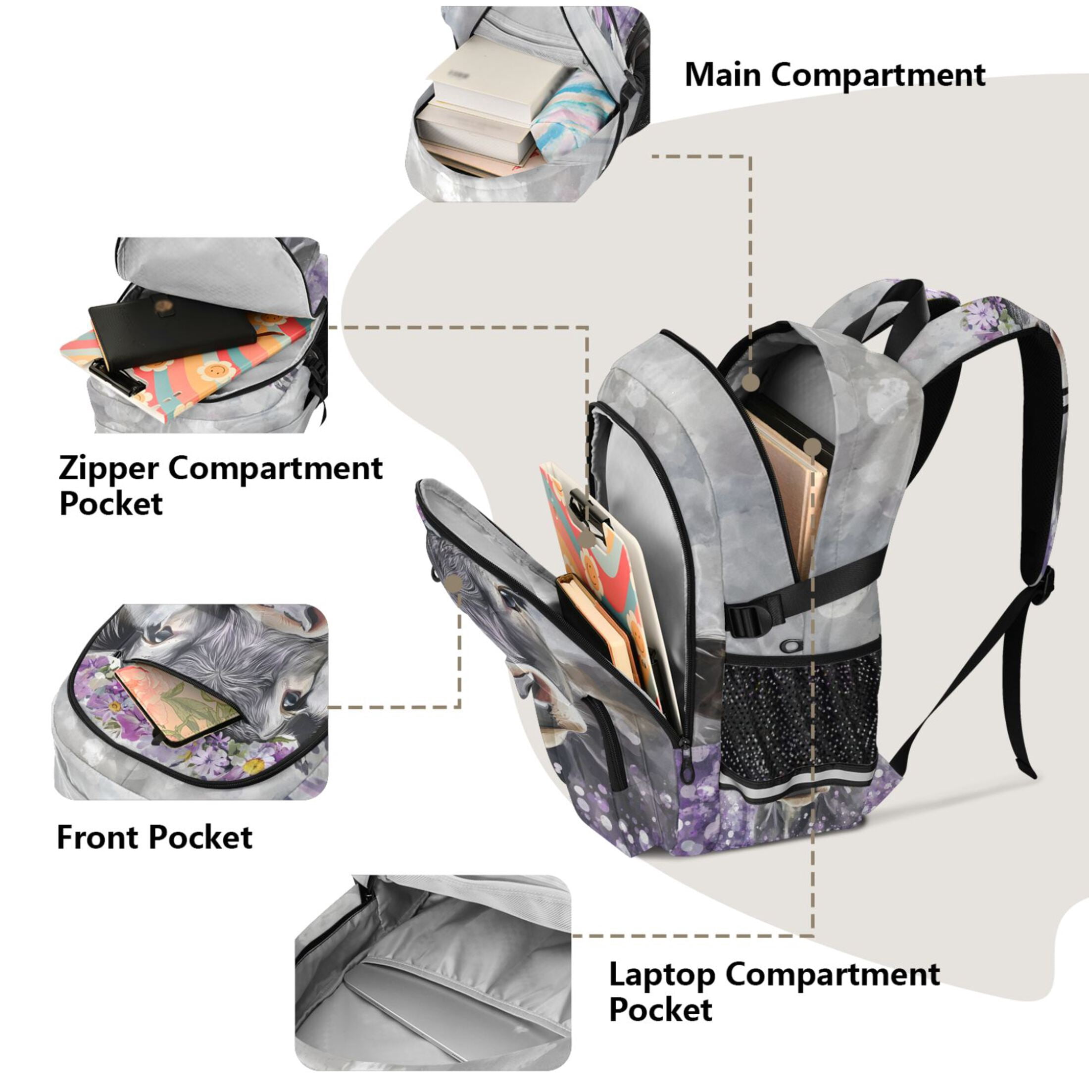 ALAZA Cow Wearing Flower Print Student Backpack School Bookbag Large Laptop Daypack Travel Bag