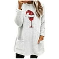 thumbnail image 1 of Pisexur Fuzzy Chandails de Noël pour Femmes Doublés en Molleton à Manches Longues à Col Rond Chandail d'Hiver Chaud Imprimé Verres de Vin Rouge Chandail de Noël à Enfiler Hauts avec Poches, 1 of 4