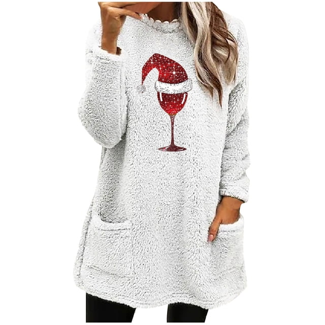 Pisexur Fuzzy Chandails de Noël pour Femmes Doublés en Molleton à Manches Longues à Col Rond Chandail d'Hiver Chaud Imprimé Verres de Vin Rouge Chandail de Noël à Enfiler Hauts avec Poches