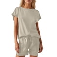 thumbnail image 1 of Conjunto informal de dos piezas para mujer: top de cuello redondo y manga corta y pantalones de cintura alta, corte holgado, 1 of 6