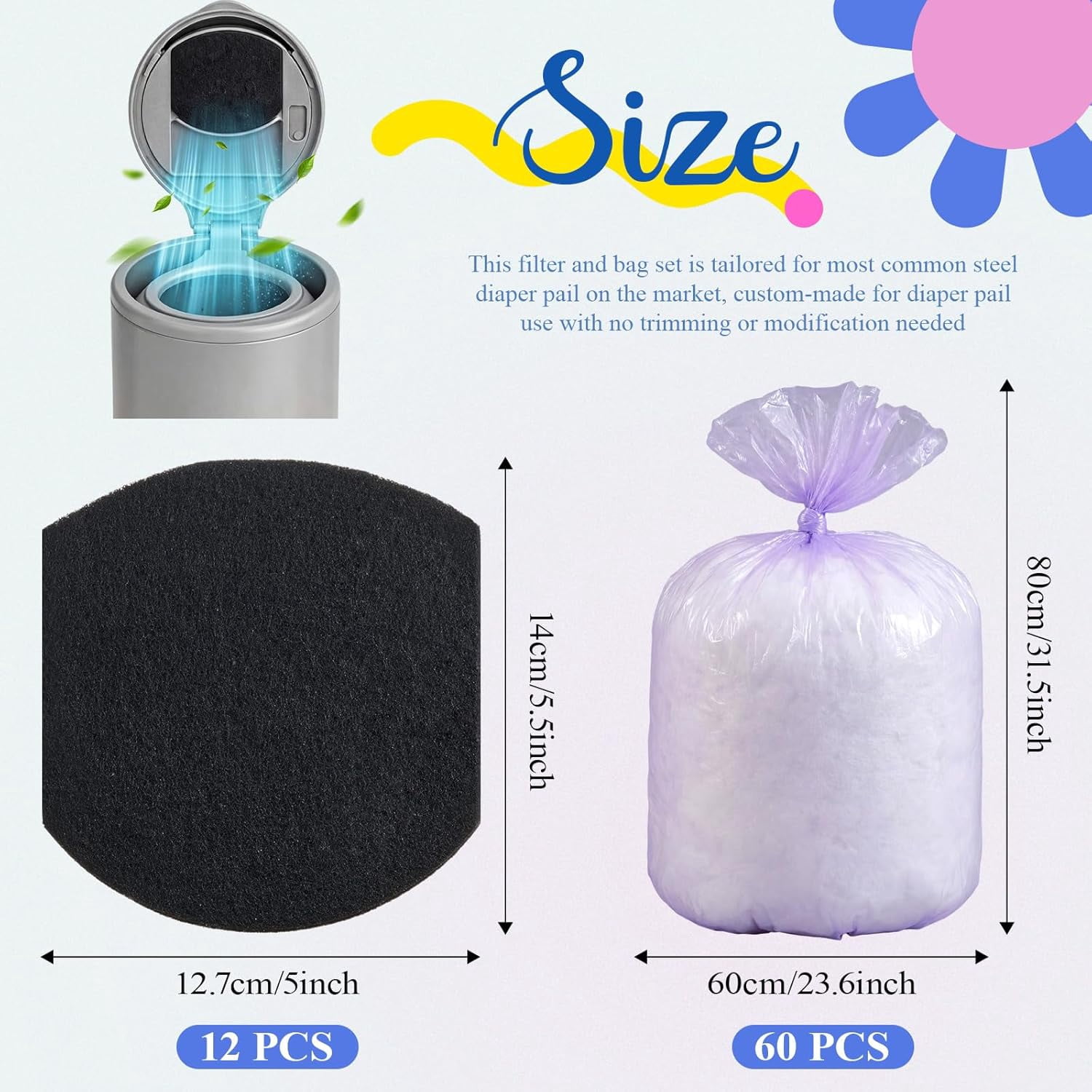 12 Pack Diaper Pail Deodorizer Refill Set Compatible with Ubbi Diaper Pail, 12 Activated Charcoal Filters and 60 Disposable Bags, Odor Absorbing Refills for Baby Nursery Odor Control