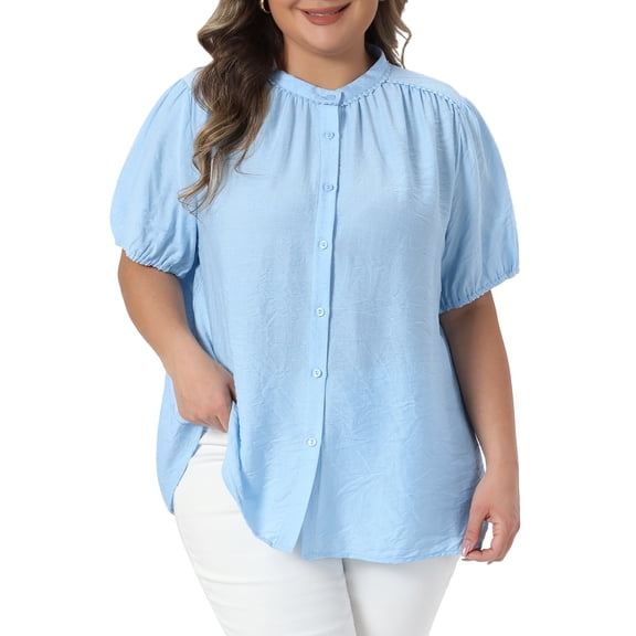 Agnes Orinda Women's Plus Size Easter Tops Button Down Shirt Puff Sleeve Stand Collar Dressy Casual Summer Blouses 1X Light Blue