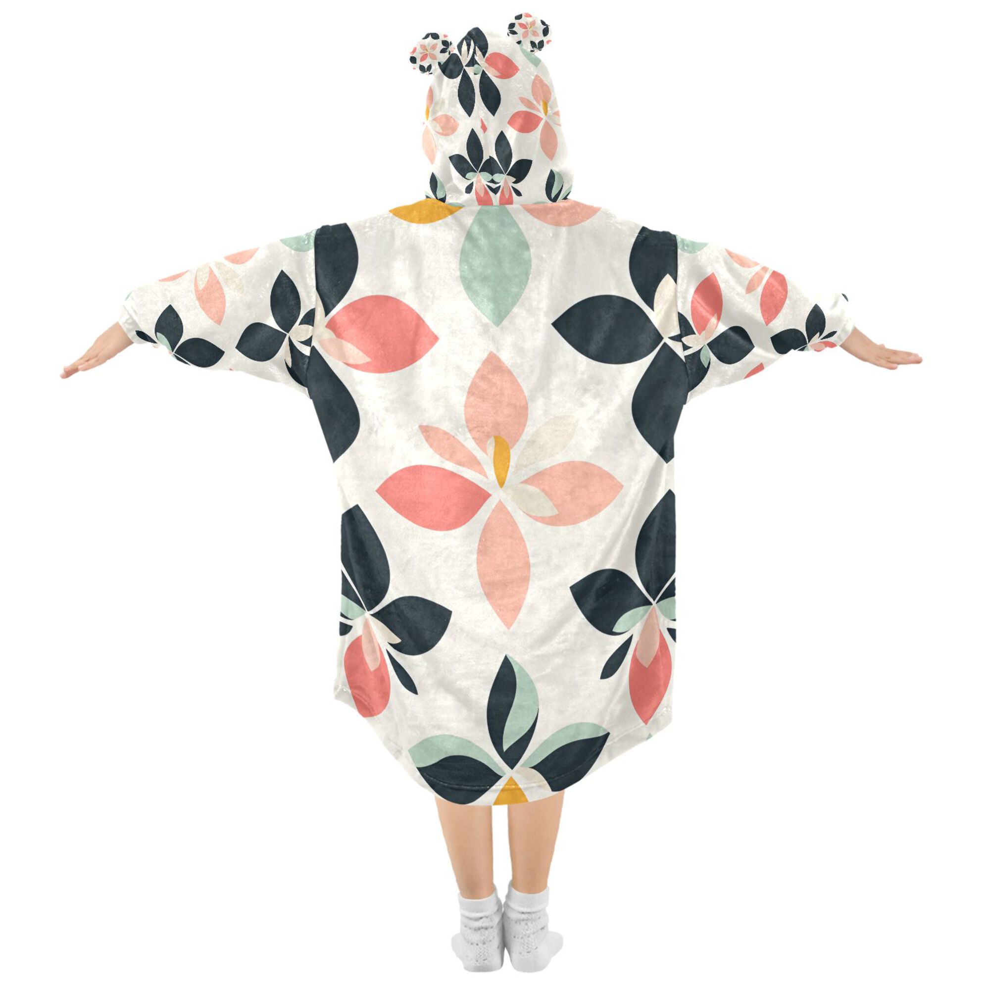 FORMRS Wearable Blanket Hoodie with Sleeves for Kids Cozy Flannel Sweatshirt, Black Retro Flower