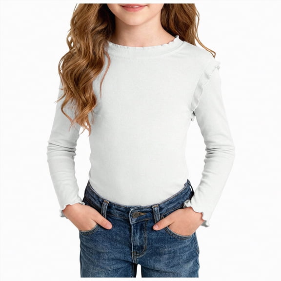 Yindaity Long Sleeve Shirts for Girls Girls Long Sleeve Shirts Kids Crewneck T-Shirts Fall Tops Tees(White,4-5 Years)