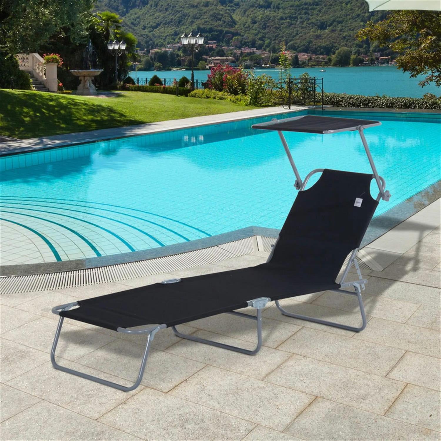 Demi Bonn Outdoor Folding Chaise Lounge, Collapsible Beach Tanning Seat Chair with Sun Protection, Portable Poolside Relaxation for Beach, Yard, Patio, Black