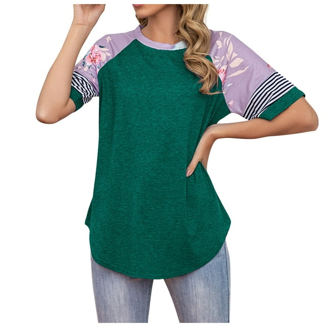 Gibobby Blusas Termicas Dama Blusa de mujer de manga corta estampada con cuello redondo y costuras redondas sexy para mujer(Verde, S)