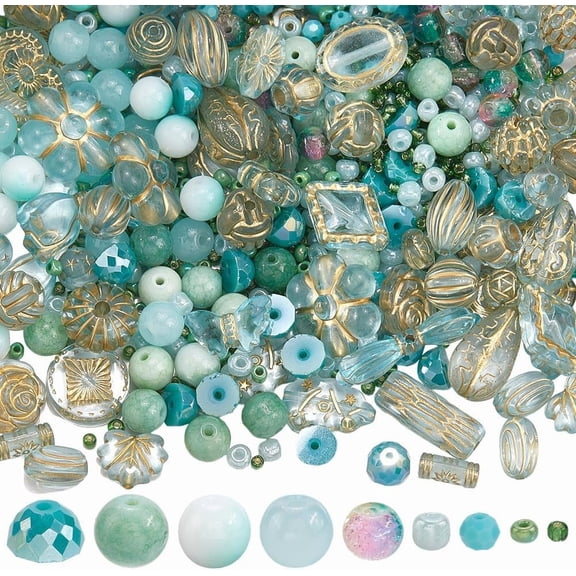 1 Box 185g Blue Assorted Acrylic Beads Glass Beads Mixed Shapes Bulk Plastic Green Seed Imitation Turquoise Stone Loose Spacer for Jewelry Making Charms Bracelets Craft DIY Supplies