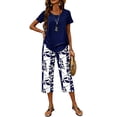 thumbnail image 2 of Women's Printed Casual Two Piece Set Cropped Top and Half Length Bottoms Modern Outfit,Navy,S, 2 of 7