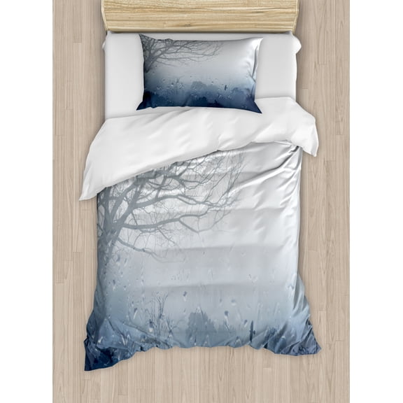 Forest Duvet Cover Set Twin Size, Raindrops Mystic Foggy Scenery Romantic Window Water Melancholia Therapy Lonely Tree, Decorative 2 Piece Bedding Set with 1 Pillow Sham, Gray Denim, by Ambesonne