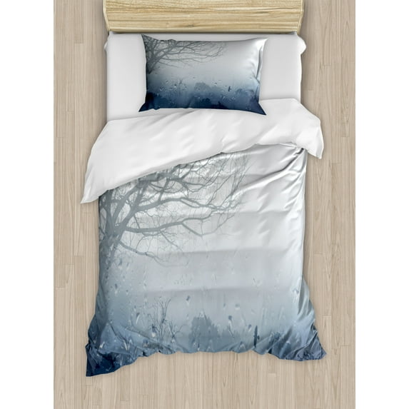 Forest Duvet Cover Set Twin Size, Raindrops Mystic Foggy Scenery Romantic Window Water Melancholia Therapy Lonely Tree, Decorative 2 Piece Bedding Set with 1 Pillow Sham, Gray Denim, by Ambesonne