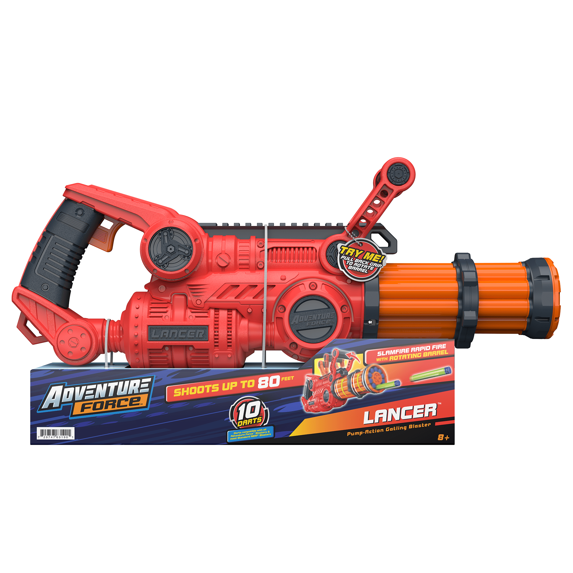 Adventure Force Lancer Pump-Action Manual Gatling Blaster, Rotating Barrel, Slamfire Power, 10 Waffle Tip Darts Compatible with Most Standard Full-Length NERF Elite and XShot Dart