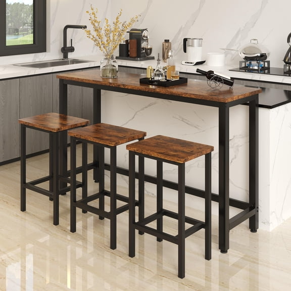 SYNGAR Counter Height Bar Table Set, Modern 4 Pieces Dining Table Set, Long Pub Table and 3 Stools, 3-Person Dining Table and Stools Set, Kitchen Side Table Set for Breakfast, Brown, D6413