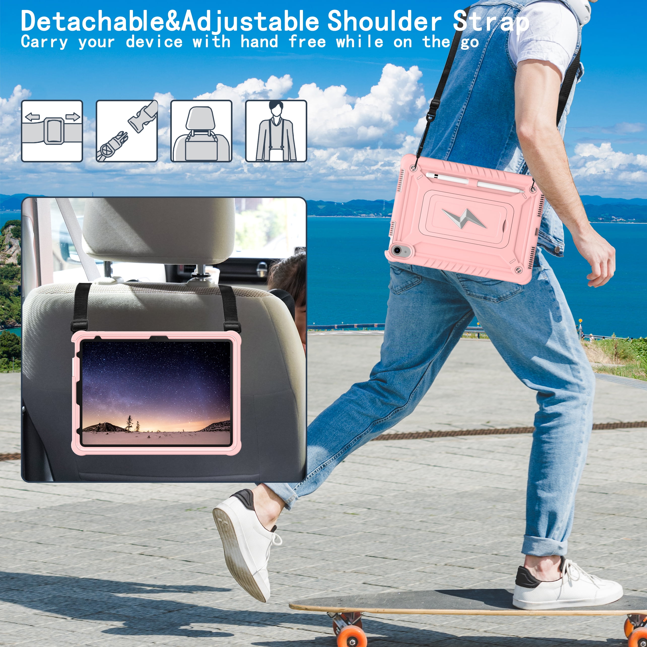 Allytechgroup Heavy Duty Shockproof Case for Apple iPad A16 11th Generation 11" 2025 & iPad 10th Generation 10.9" 2022, Tablet Case with Kickstand, Pencil Holder, Strap Kids Friendly Cover,Rosegold