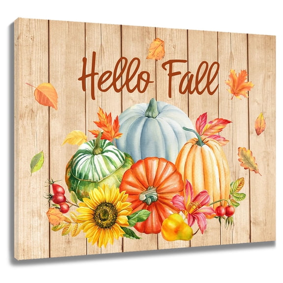Fall Pumpkin Wall Art Pumpkin Fall Leaf Floral and Fruit Harvest Canvas Wall Art Rustic Autumn Modern Farmhouse Framed Wall Art for Living Room Bedroom Bathroom Home Decor Ready to Hang,12x12 Inches