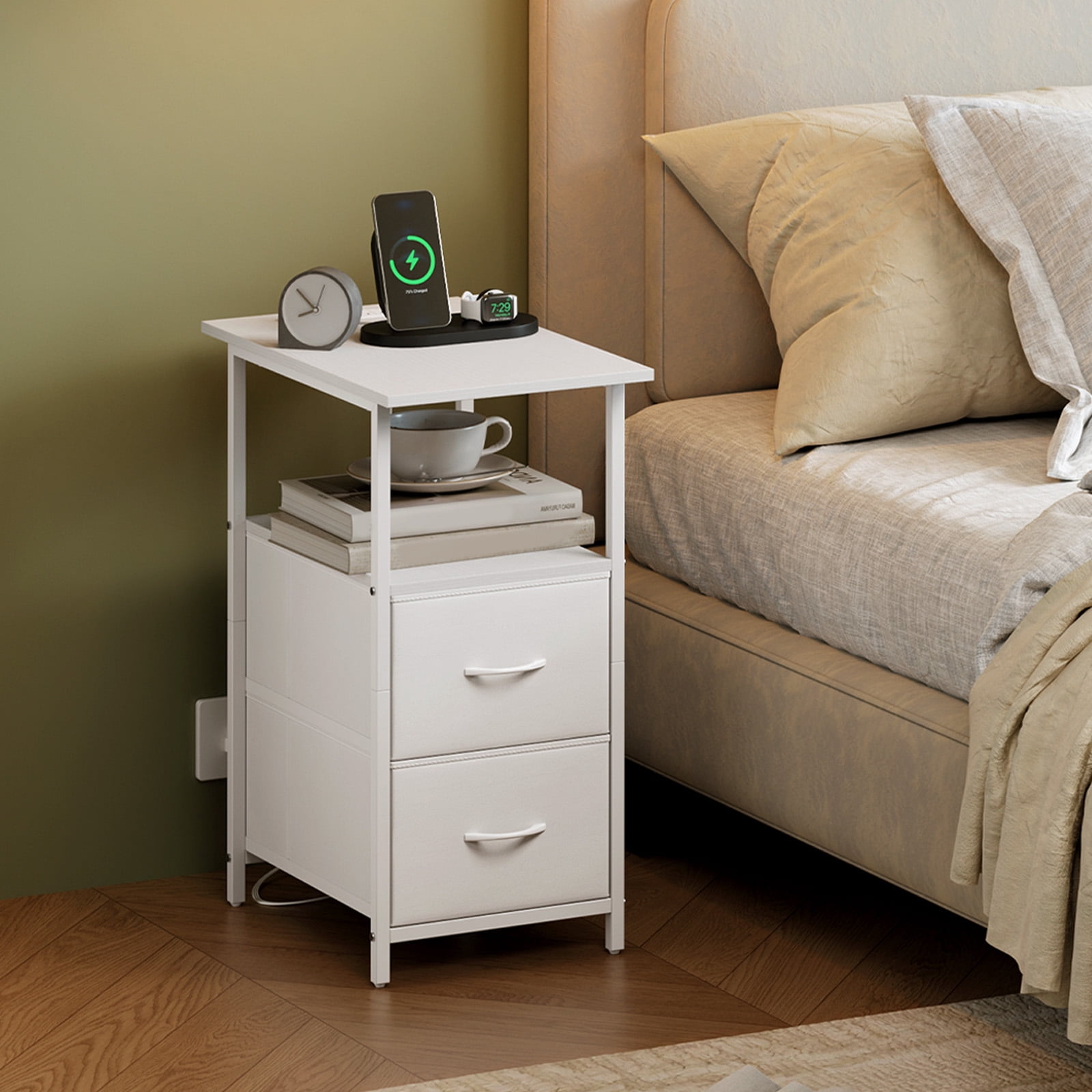 Eunos White Long End Table with Charging Station, Nightstand with Open Shelf, 2 Fabric Drawer